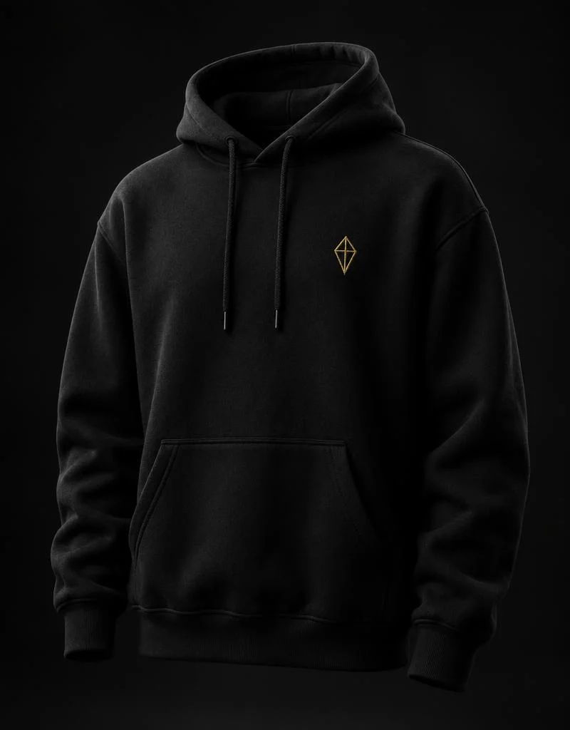 Black hoodie with small gold kite embroidery