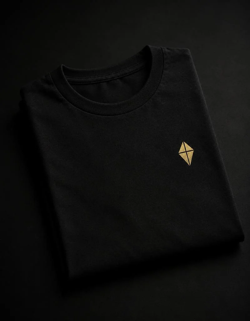 Folded black tee with gold kite