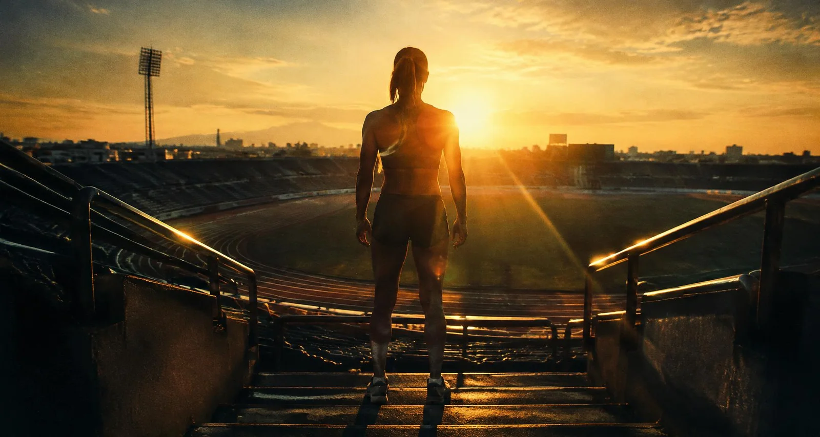 Athlete at the top of stadium stairs at sunrise, back to camera