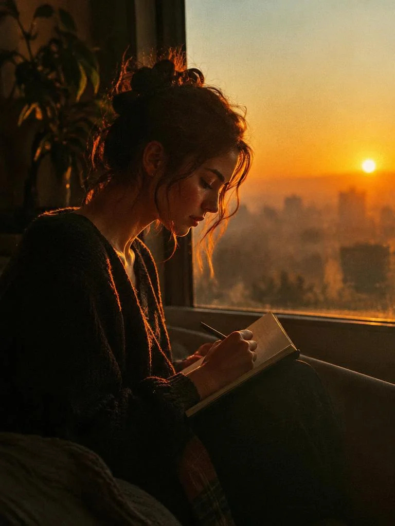 Young adult journaling at sunrise