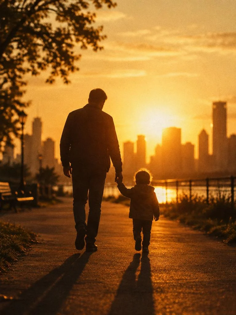 Father and child walking from behind at golden hour