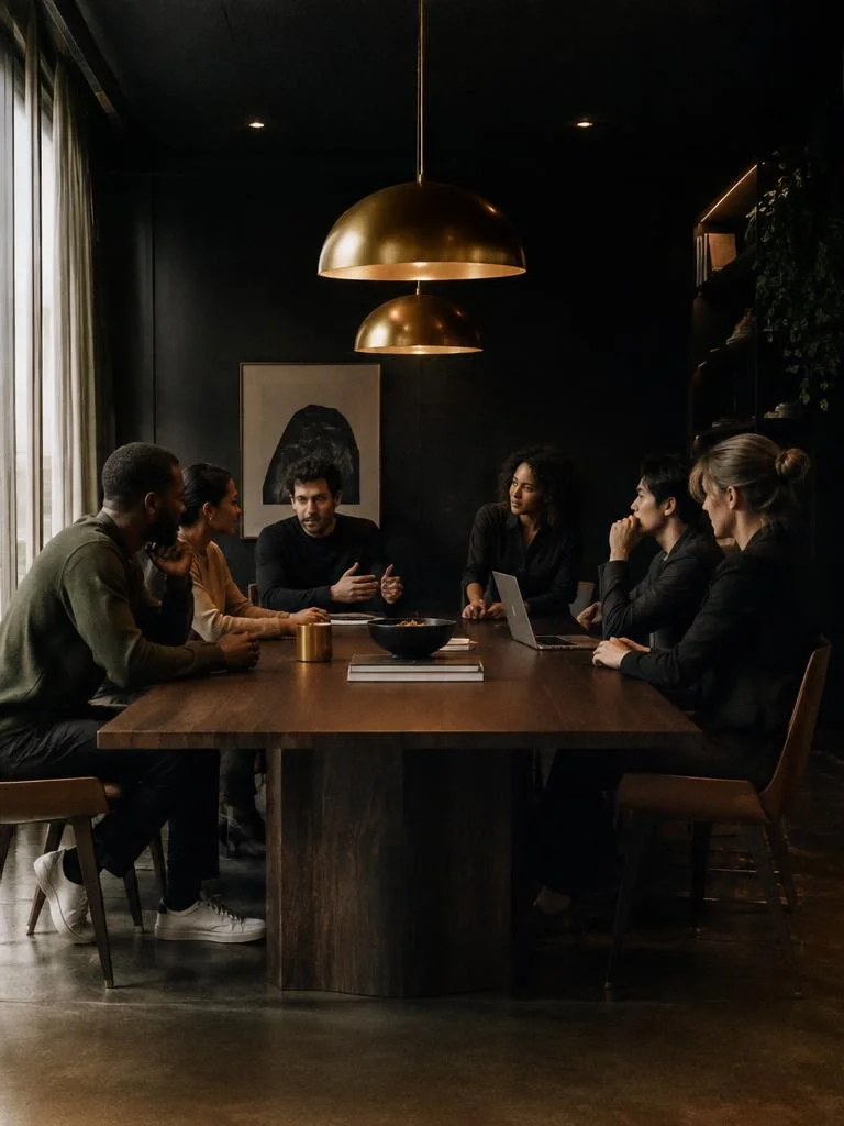 Adult team gathered at a long table in warm light