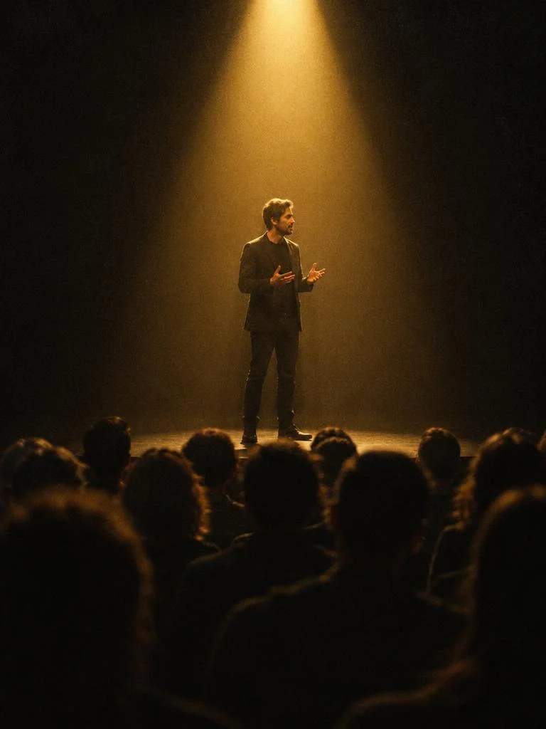 Speaker on stage with audience seen from behind