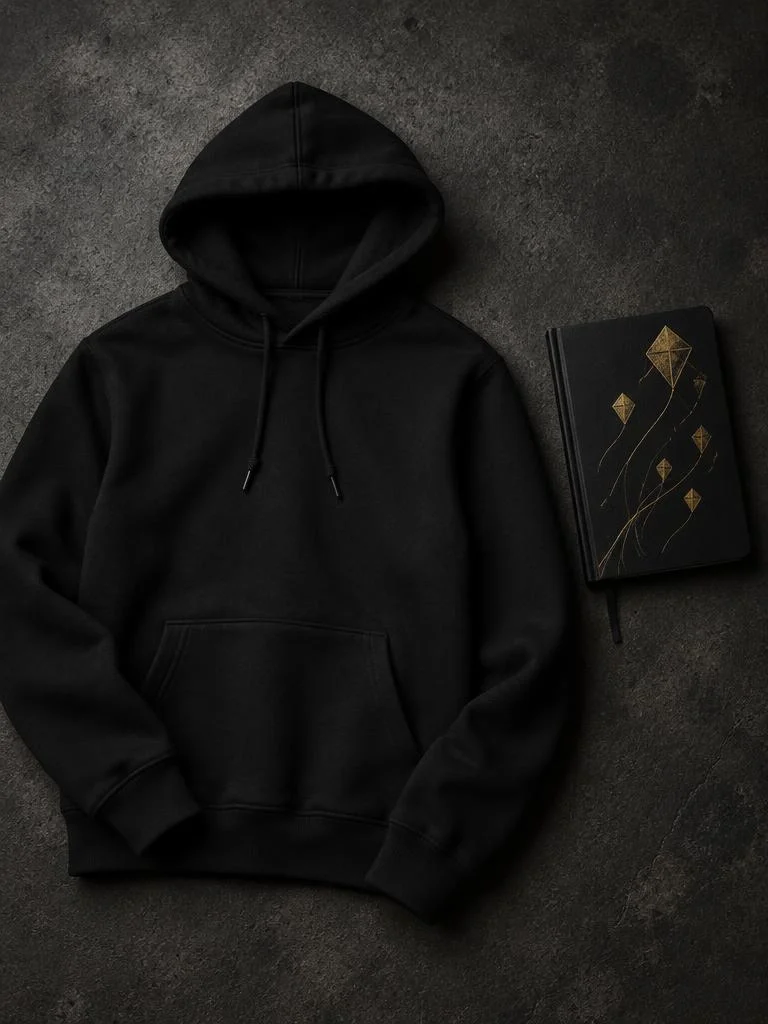 Black hoodie and journal flat lay
