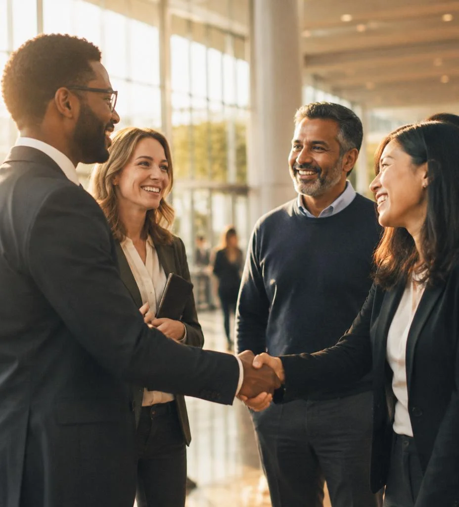 Adults from a school, a nonprofit and a business shaking hands in a bright modern hall
