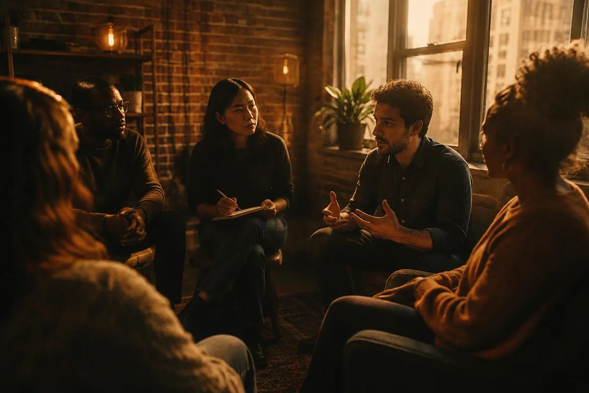 Small adult group in a focused session in low light
