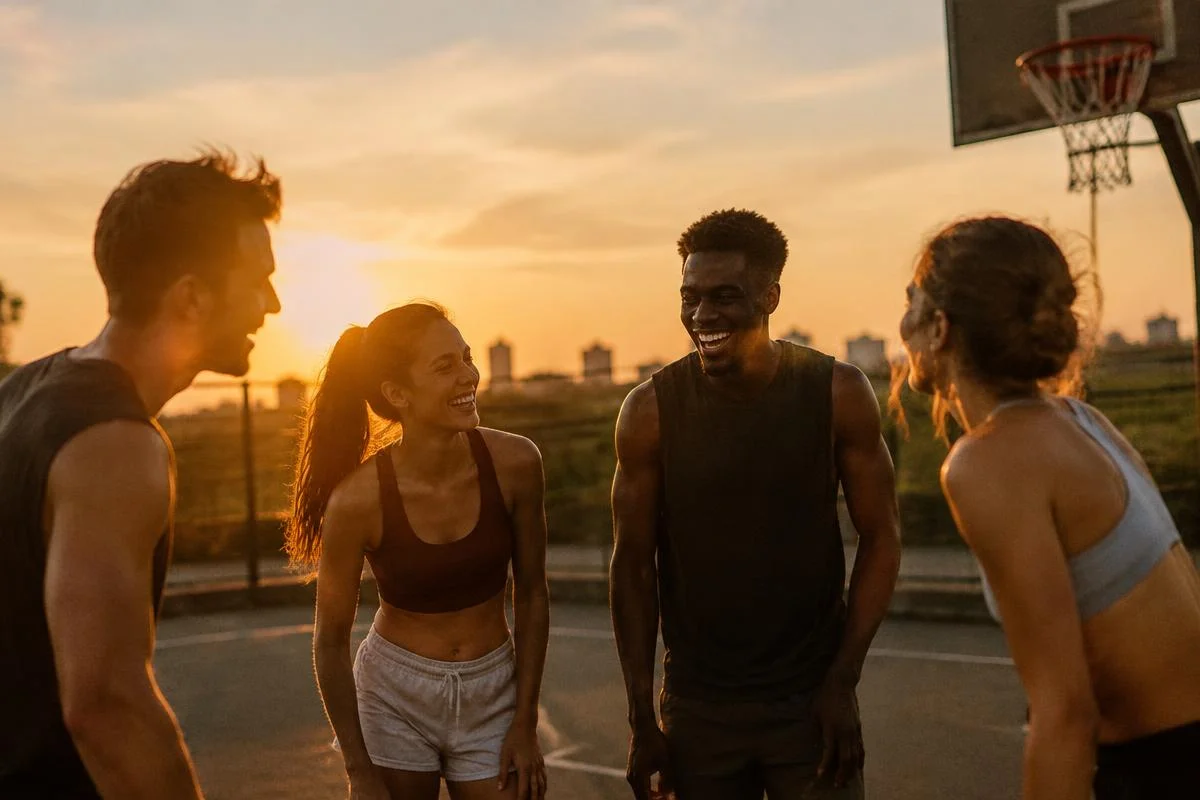 Young adults on an outdoor court at sunset