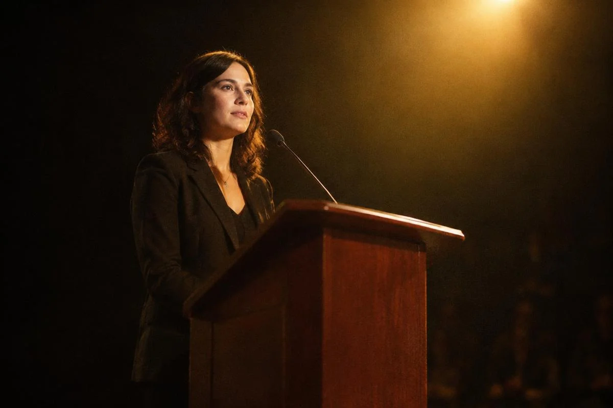 Speaker at a lectern under gold stage light
