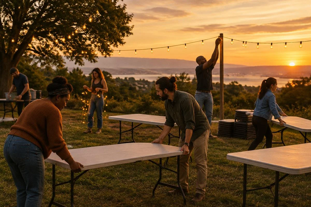 Adults setting up an outdoor community event at dusk