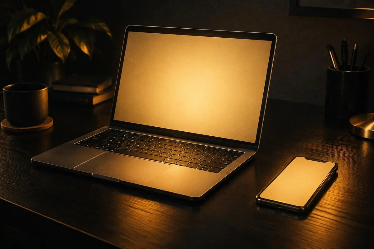 Laptop and phone on a dark desk with a soft gold glow