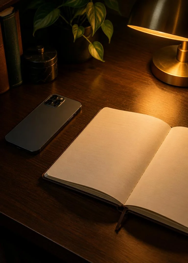 Phone face-down beside an open journal