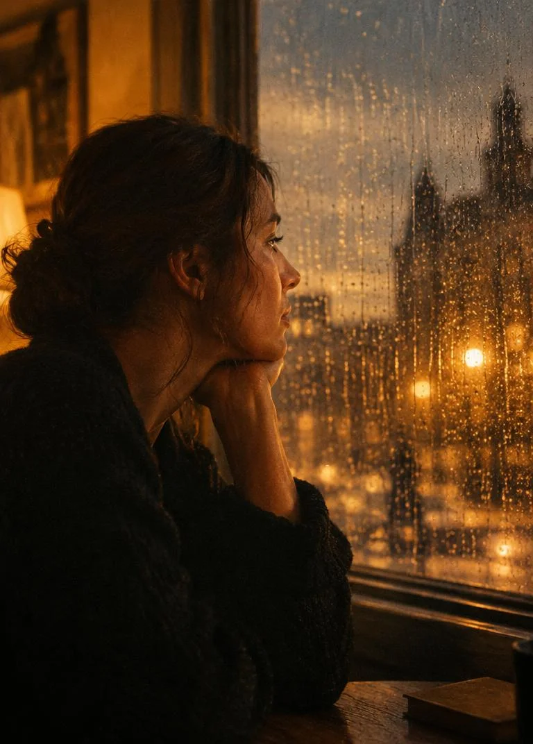 Adult looking out a rain-streaked window in warm light