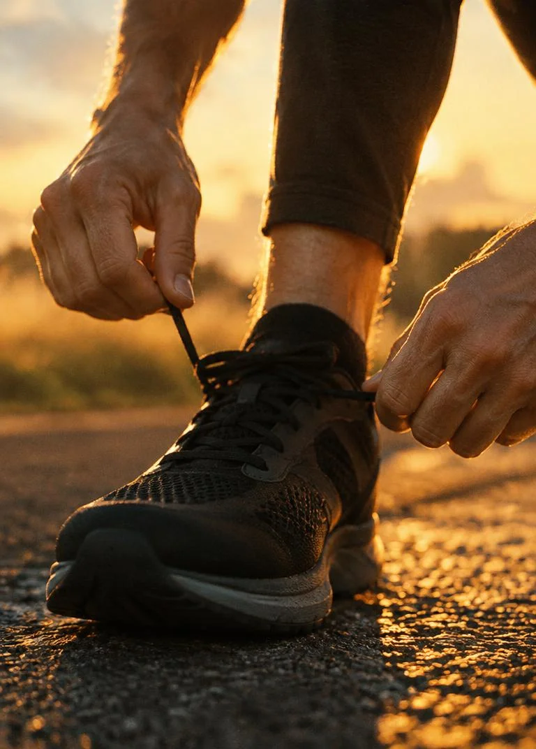 Running shoes being laced in early morning light