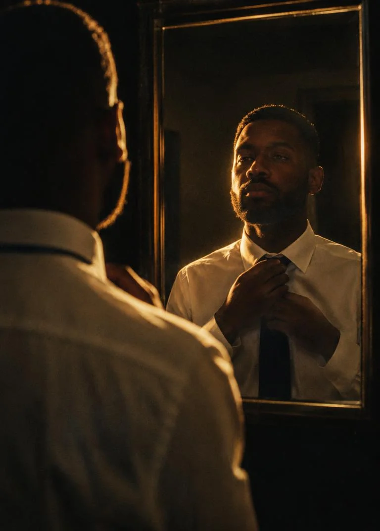 Adult tying a tie in a mirror with rim light