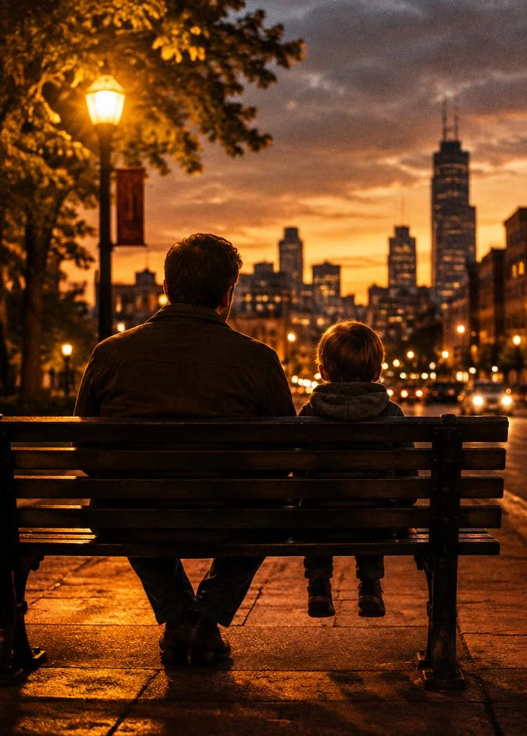 Father and child on a city bench at dusk, seen from behind