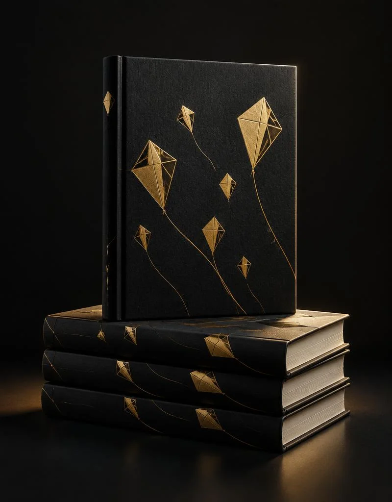 Matte-black hardcovers with gold foil kite pattern