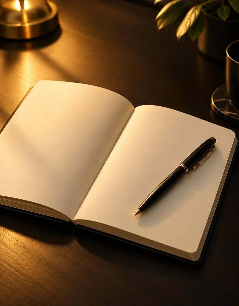 Open workbook with a pen in warm gold light
