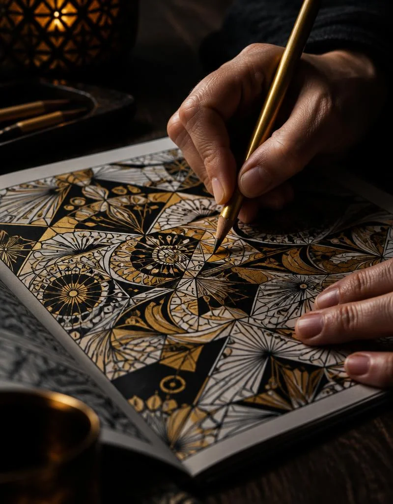 Hands coloring gold and black geometric patterns