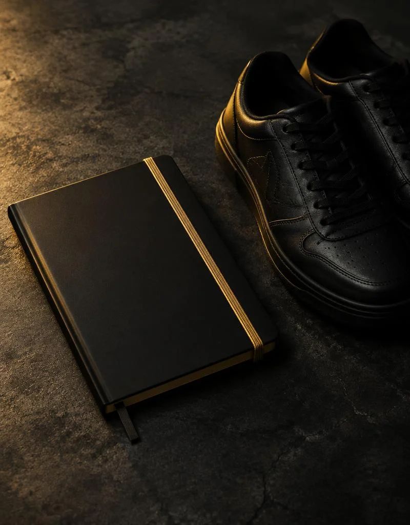 Black planner with gold band beside sneakers