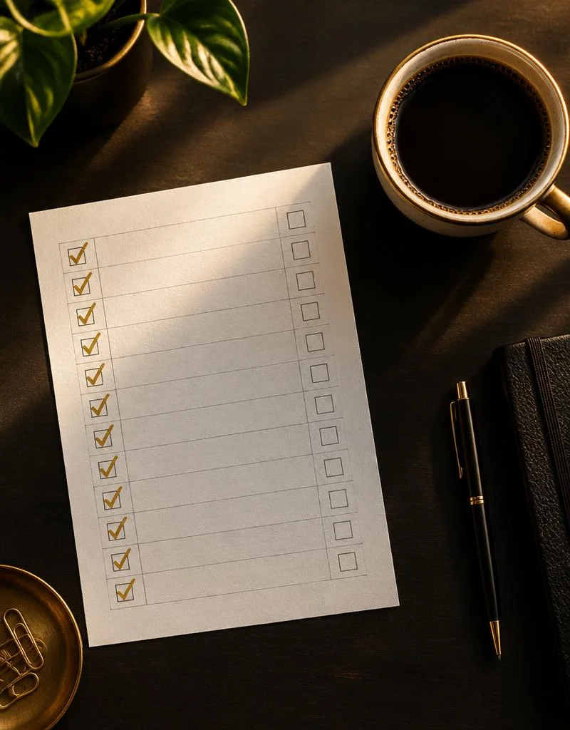 Checklist page with gold check marks beside coffee