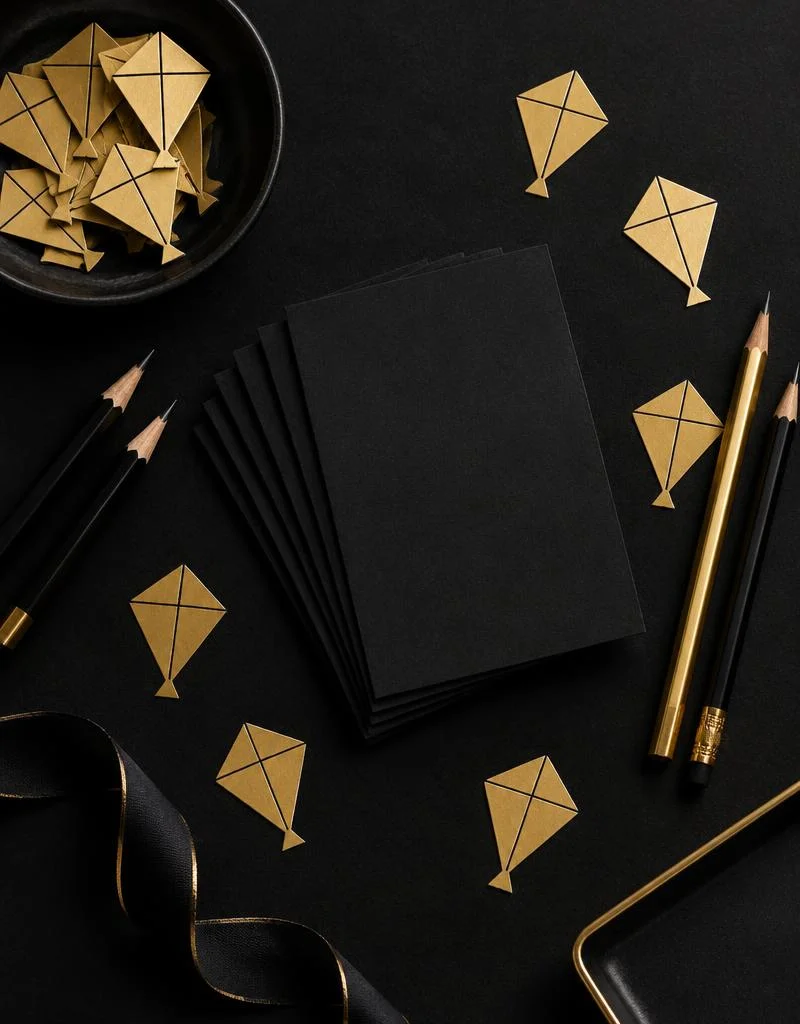 Flat lay of black cards, gold kite stickers and pencils
