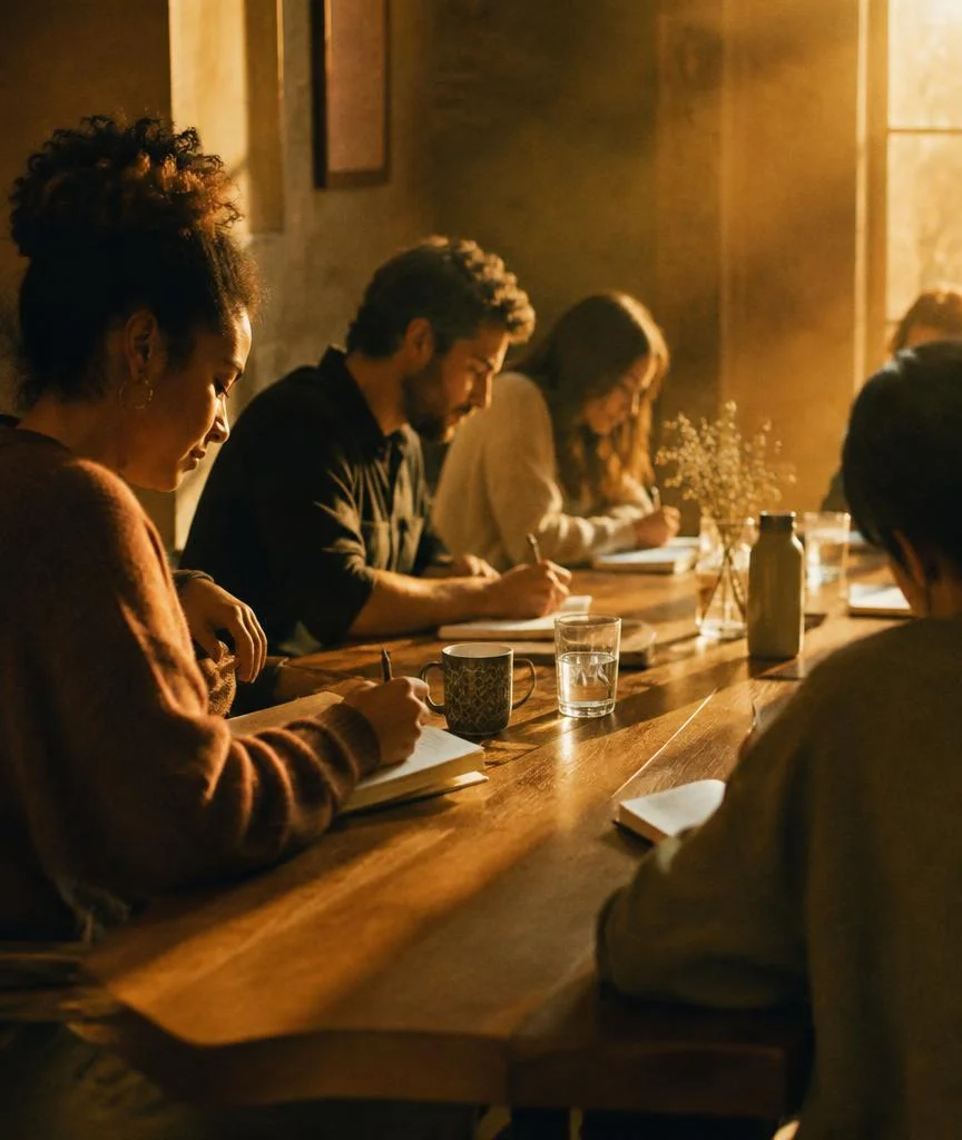 Adult participants writing in journals at a workshop table