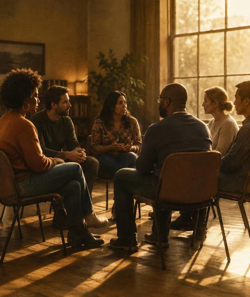 Adults in a circle of chairs talking in warm light