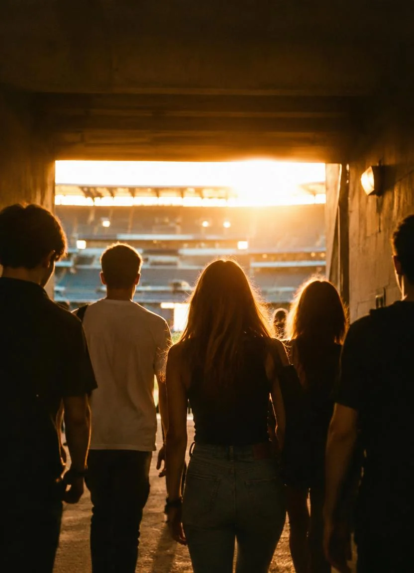 Group of young adults seen from behind walking toward a sunlit stadium tunnel